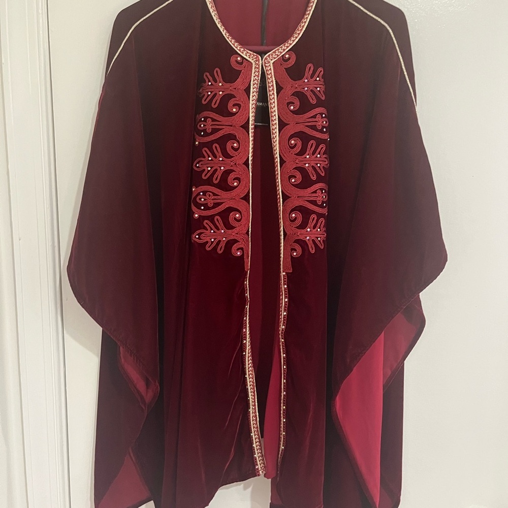 Burgundy Embroidered Velvet Kaftan Cape One Size Holiday Wedding Party Boho